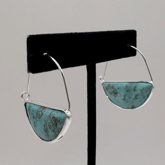 Silver-Tone Turquoise Half-Circle Hoop Earrings - Picture 1 of 13